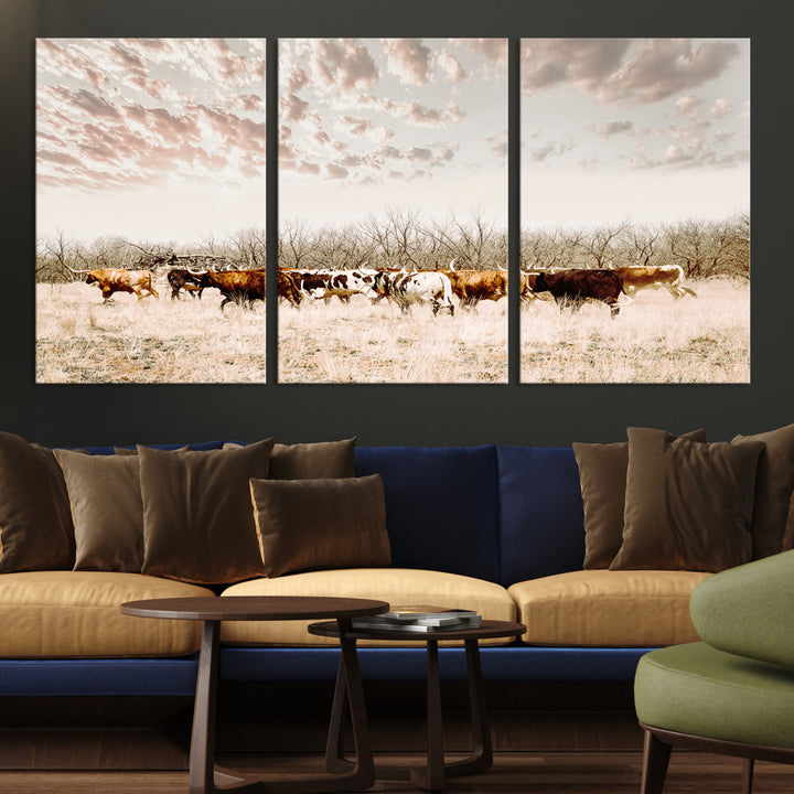 Longhorn Cattle Wall Art Canvas Print, Texas Ranch Print, Framed Western Cow Art Print, Large Prairie Landscape Printing Perfect for Western Decor