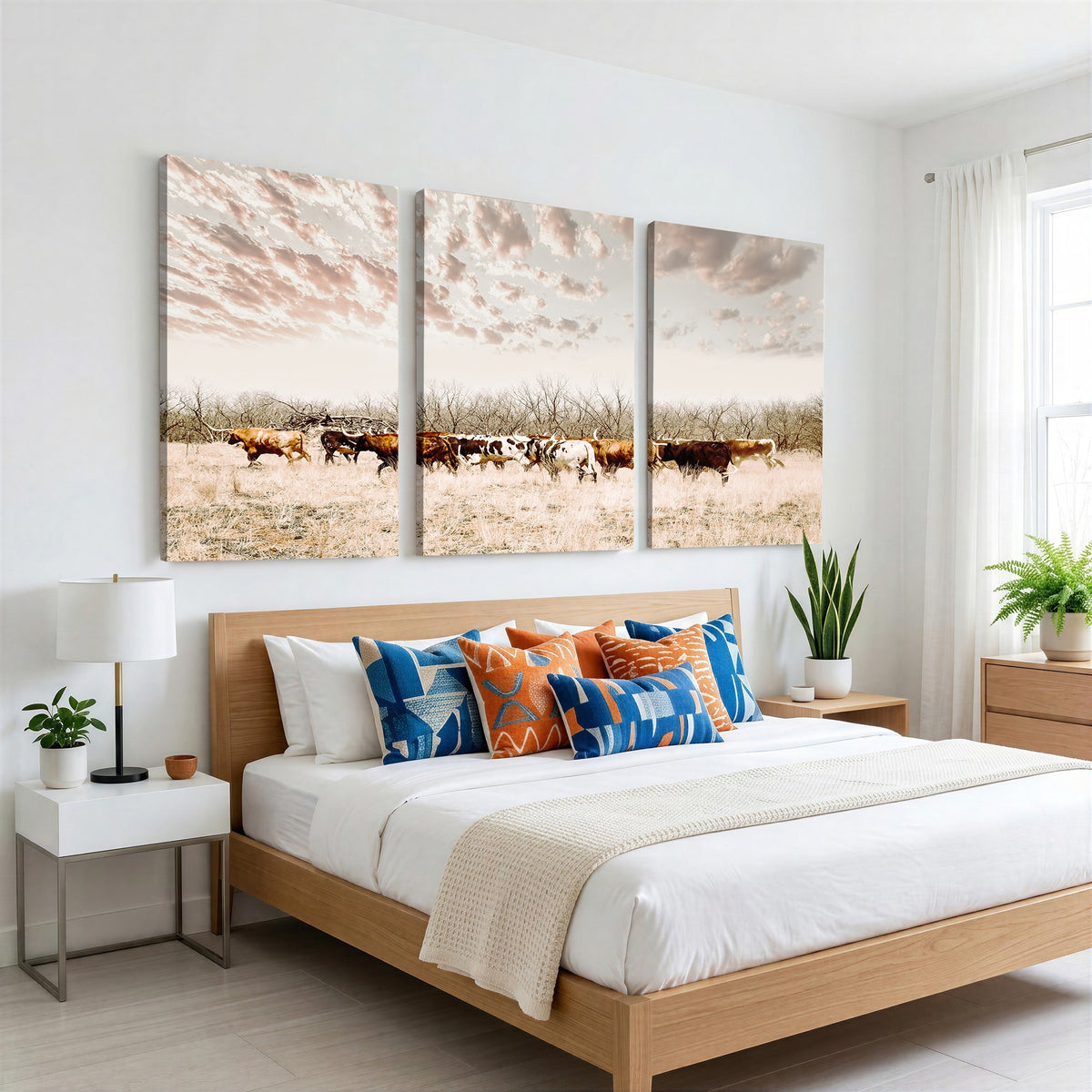 64892775-MGV-CV-24X16 - Longhorn Cattle Wall Art Canvas Print, Framed Texas Ranch Art, Western Cow Print, Prairie Landscape Decor