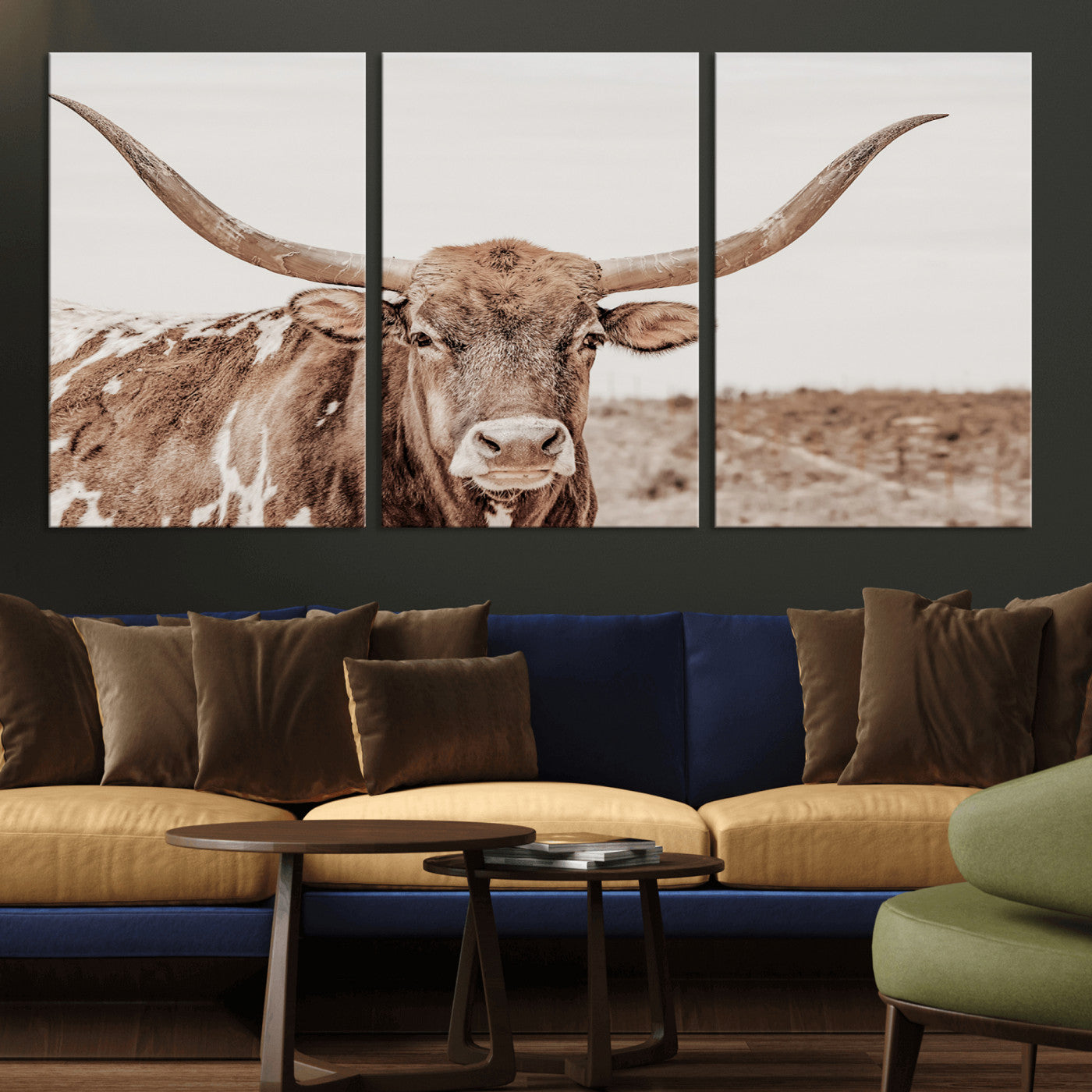 MGV-CV-60X30-3P - Longhorn Cow Wall Art Canvas Print, Framed Texas Ranch Art Picture Print, Western Bull Perfect County Decor Artwork