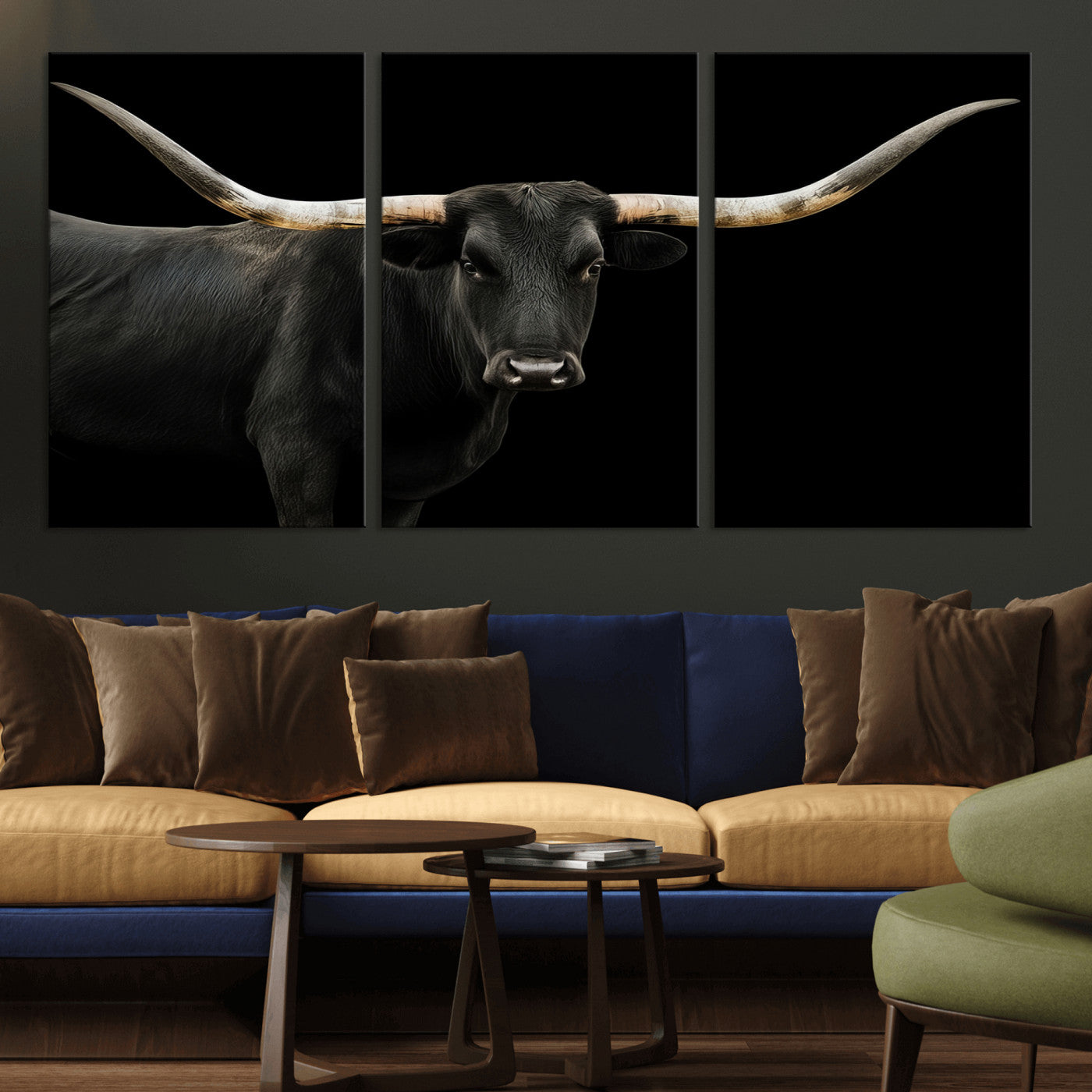 MGV-CV-60X30-3P - Longhorn Cattle Wall Art Canvas Print, Framed Texas Ranch Art Picture Print, Western Cow Perfect Farmhouse Decor Artwork