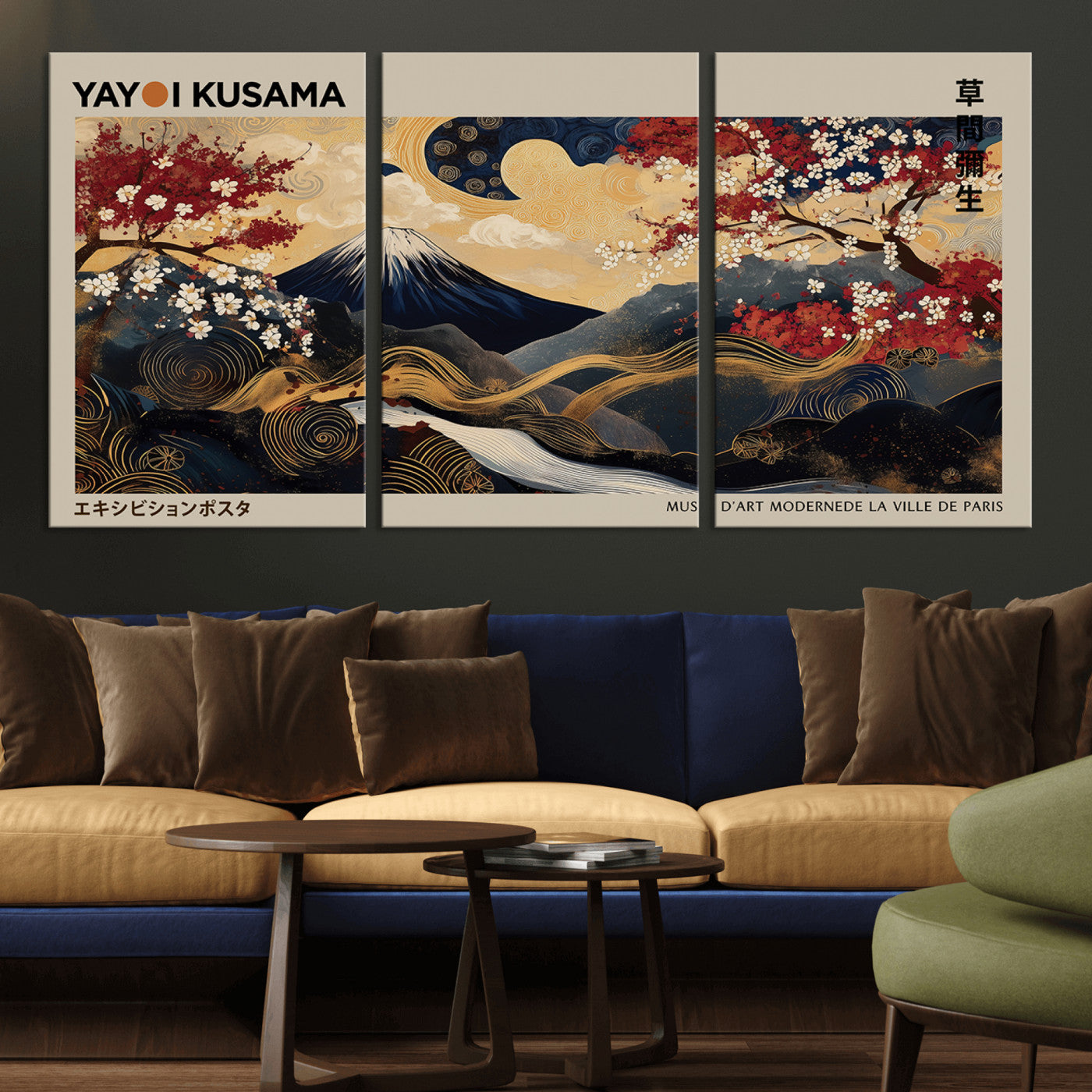 MGV-CV-60X30-3P - Modern Japanese Wall Art, Yayoi Kusama Japanese Print Wall Art, Abstract Mount Fuji Canvas Print,