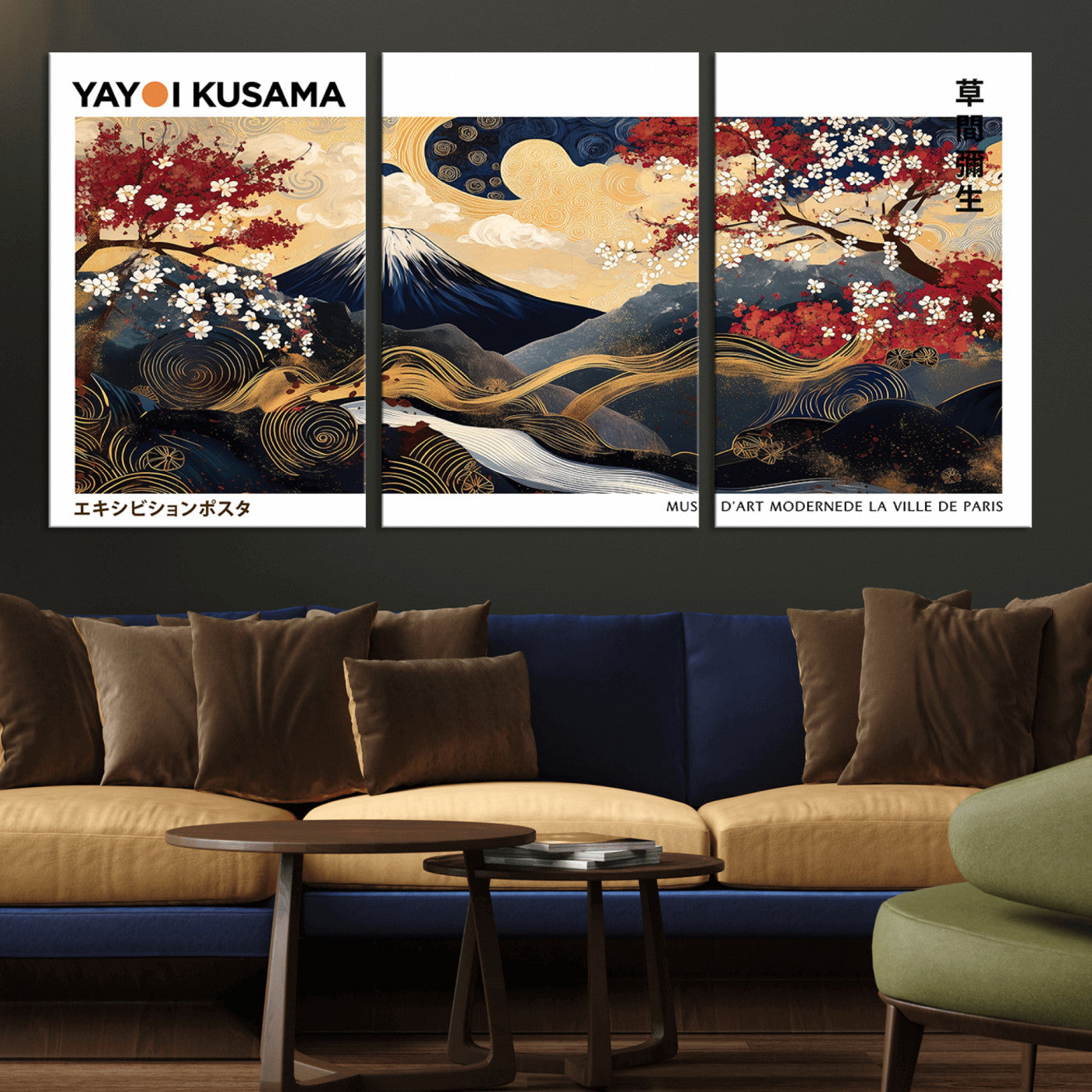 MGV-CV-60X30-3P - Modern Mount Fuji Print, Yayoi Kusama Canvas Wall Art, Abstract Mount Fuji Canvas Print, Japanese