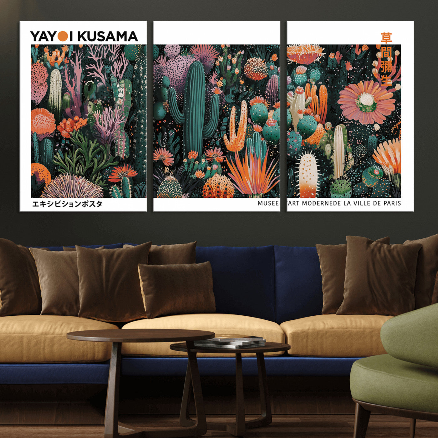 MGV-CV-60X30-3P - Modern Japanese Wall Art Print, Yayoi Kusama Print Wall Decor, Abstract Mount Fuji Canvas Print,