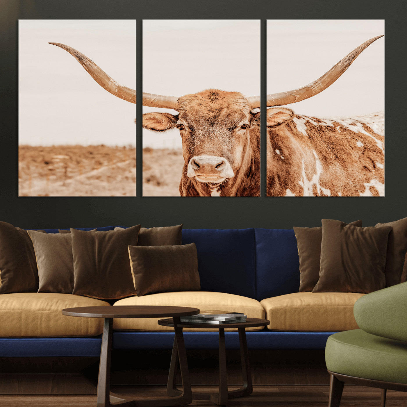MGV-CV-60X30-3P - Longhorn Bull Wall Art Canvas Print, Framed Western Cow Art Picture Print, Rustic Farmhouse Perfect Neutral Farmhouse Decor Artwork