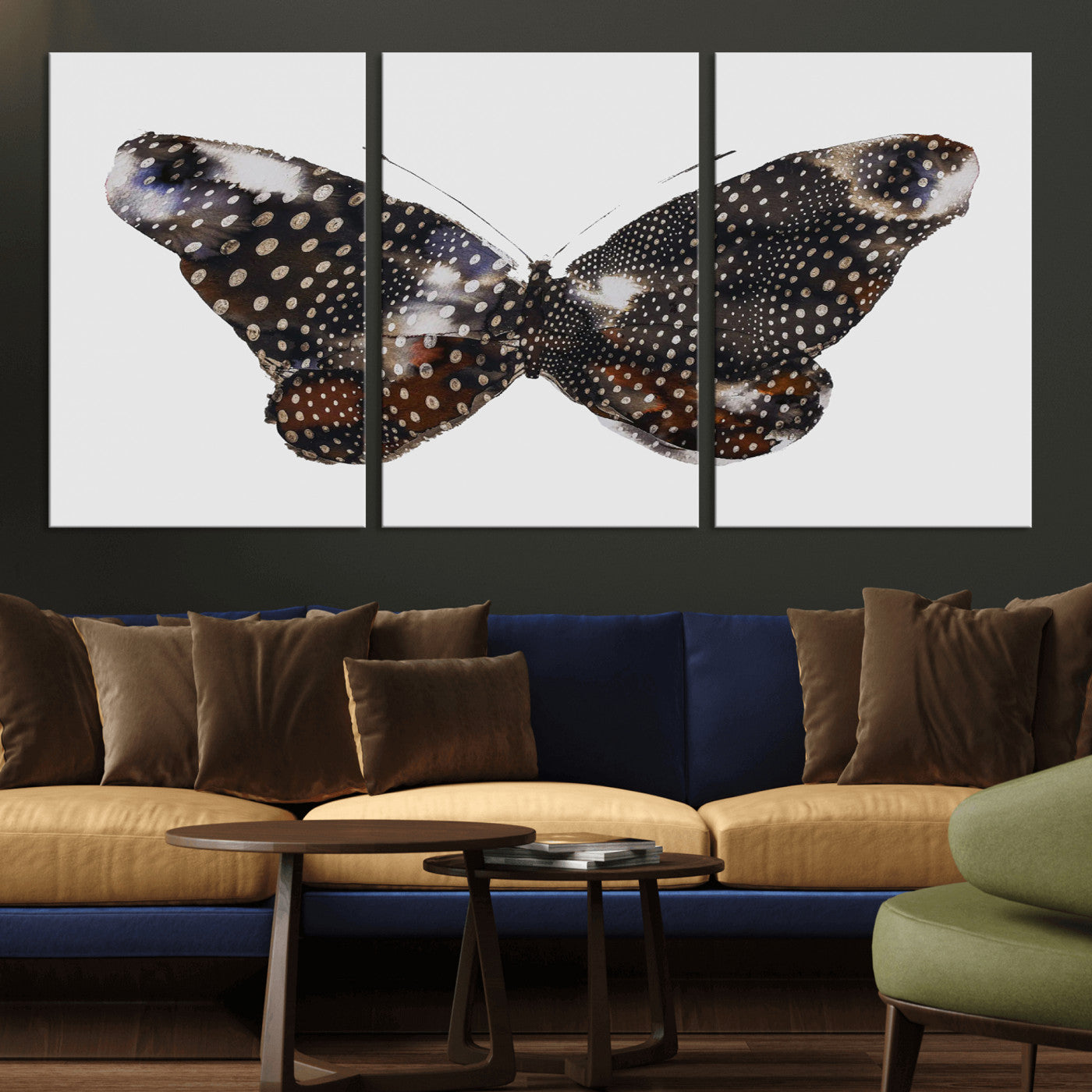 MGV-CV-60X30-3P - Spotted Butterfly Wall Art Canvas Print, Framed Neutral Insect Theme Art Picture Print, Earthy Wing Pattern Perfect Modern Rustic Decor Artwork