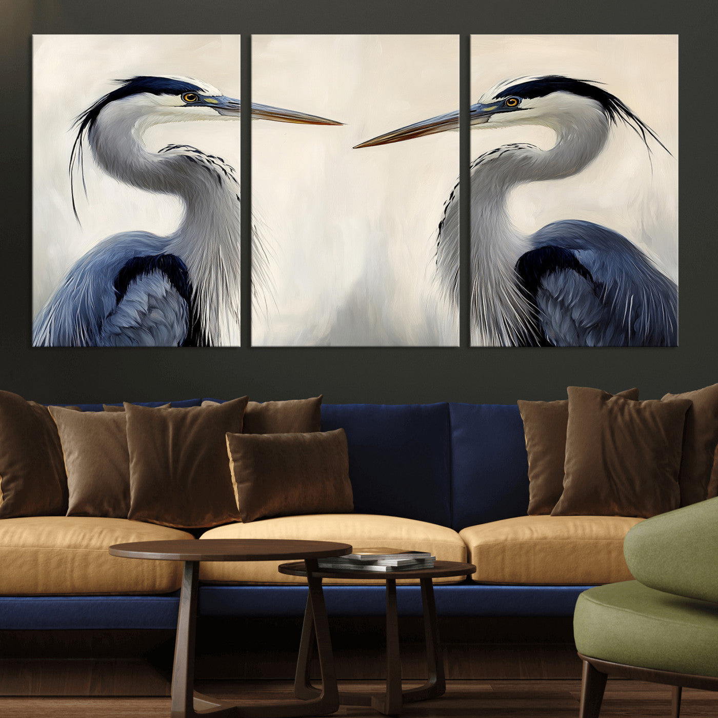 MGV-CV-60X30-3P - Blue Heron Pair Wall Art Canvas Print, Framed Coastal Bird Theme Art Picture Print, Tranquil Wildlife Scene Perfect Coastal Minimalist Decor Artwork