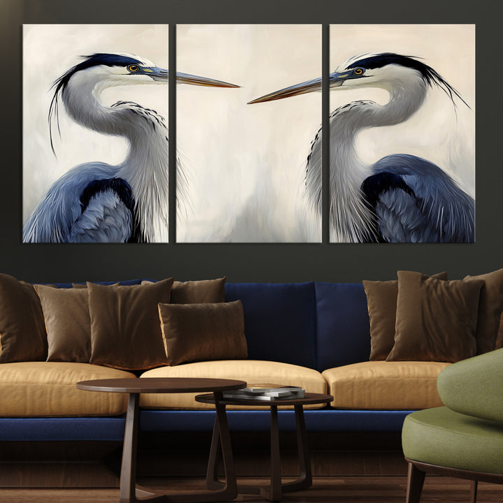 Blue Heron Pair Wall Art Canvas Print, Coastal Bird Theme Print, Framed Tranquil Wildlife Scene Art Print, Large Nature Inspired Decor Printing