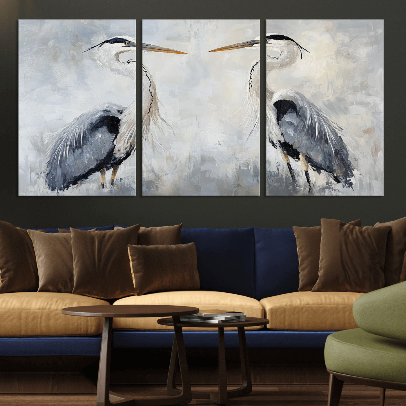MGV-CV-60X30-3P - Heron Wall Art Wall Art Canvas Print, Framed Bird Canvas Decor Art Picture Print, Nature Inspired Perfect Coastal Minimalist Decor Artwork