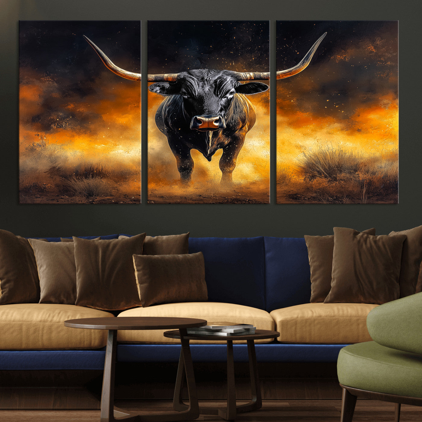 MGV-CV-60X30-3P - Longhorn Canvas Wall Art Canvas Print, Framed Bold Bull Wall Art Art Picture Print, Western Animal Decor Perfect Western Dramatic Decor Artwork