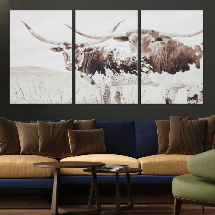 Longhorn Wall Art Wall Art Canvas Print, Western Cow Canvas Print, Framed Rustic Farm Decor Art Print, Large Neutral Animal Scene Printing