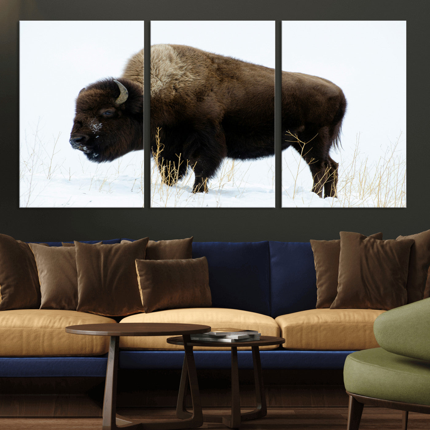 MGV-CV-60X30-3P - Bison Photography Wall Art Canvas Print, Framed Western Wildlife Art Picture Print, Buffalo On Snow Perfect Western Decor Artwork