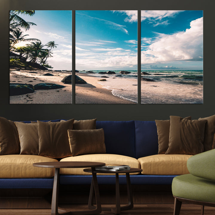 Tropical Beach Wall Art Canvas Print, Framed Ocean Waves Art Picture Print, Relaxing Seascape Perfect Tropical Coastal Decor Artwork