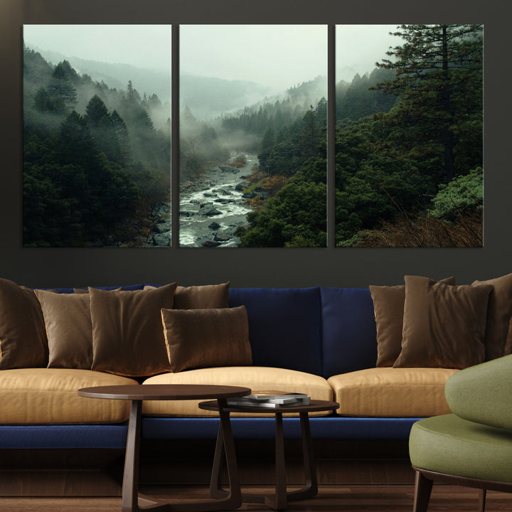Misty Forest Wall Art Canvas Print, Framed Foggy River Art Picture Print, Moody Landscape Perfect Wilderness Decor Artwork
