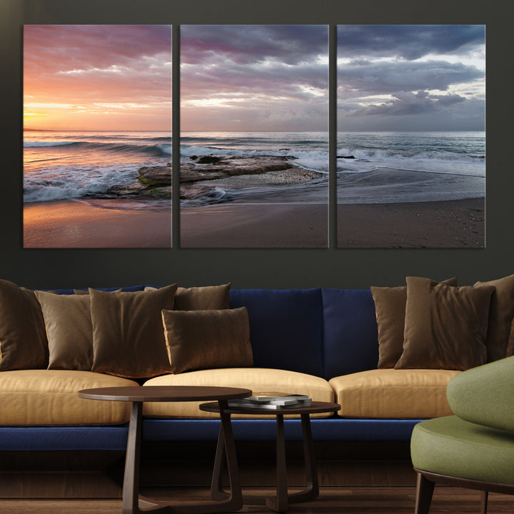 Golden Hour Wall Art Canvas Print, Framed Tranquil Waves Art Picture Print, Beach Perfect Coastal Serenity Decor Artwork