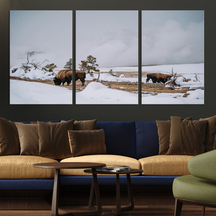 Bison Wildlife Wall Art Canvas Print, Framed Snowy Prairie Art Picture Print, Western Perfect Rustic Decor Artwork