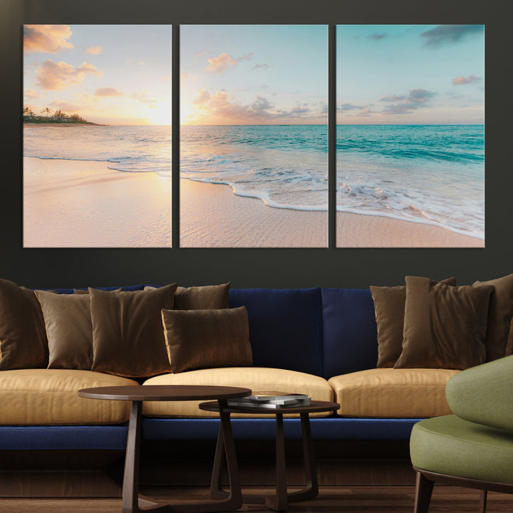Beach Sunset Wall Art Canvas Print, Framed Ocean Waves Art Picture Print, Summer Escape Perfect Coastal Decor Artwork