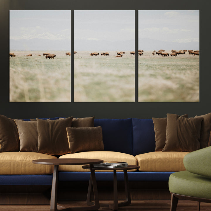 Bison Herd Wall Art Canvas Print, Framed Western Art Picture Print, Bison Perfect Ranch Decor Artwork