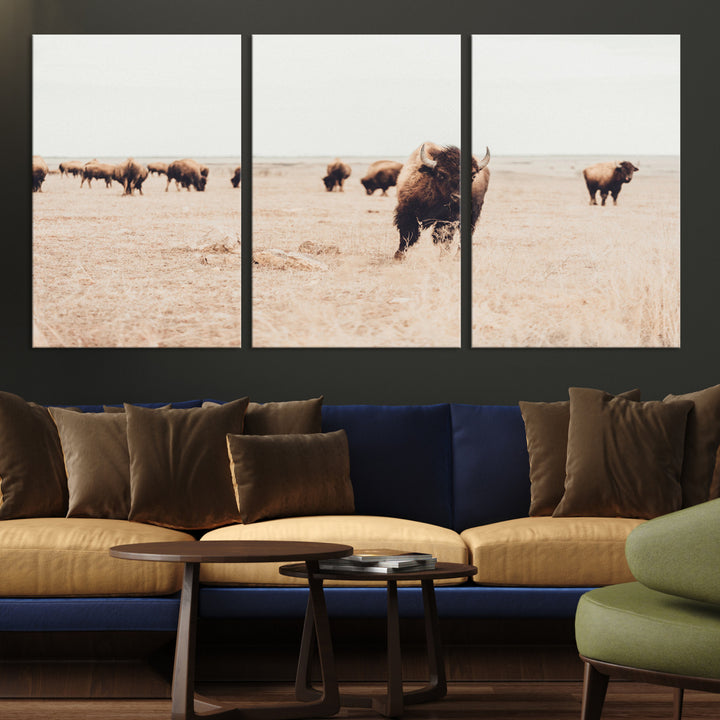 Bison Herd Wall Art Canvas Print, Framed Western Art Picture Print, Prairie Serenity Perfect Ranch Decor Artwork
