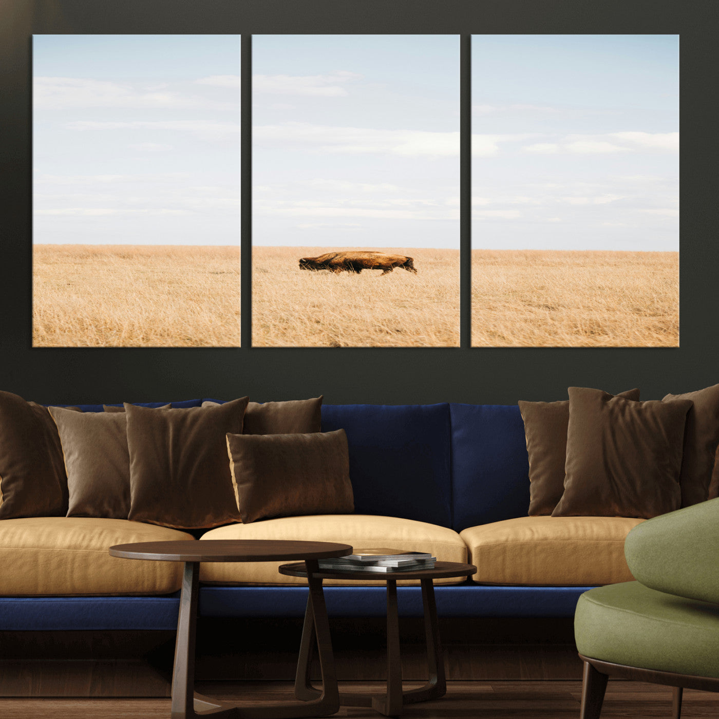 MGV-CV-60X30-3P - Minimalist Nature Wall Art Canvas Print, Framed Bison In Grassland Art Picture Print, Open Field Perfect Modern Ranch Decor Decor Artwork
