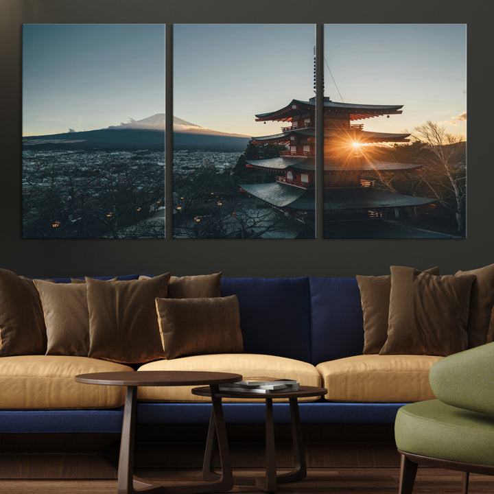 Chureito Pagoda at sunset with Mount Fuji in the background, city lights below, and golden sun rays, ideal for Japanese-inspired wall art.