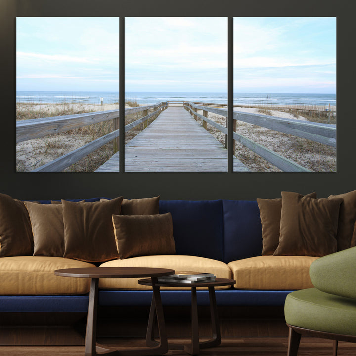 Beach Boardwalk Wall Art Canvas Print, Framed Coastal Serenity Art Picture Print, Ocean View Perfect Coastal Decor Artwork