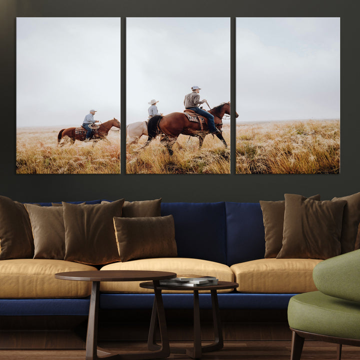 Three cowboys riding horses through a foggy prairie landscape, dressed in Western attire, evoking a rustic and adventurous Wild West aesthetic.