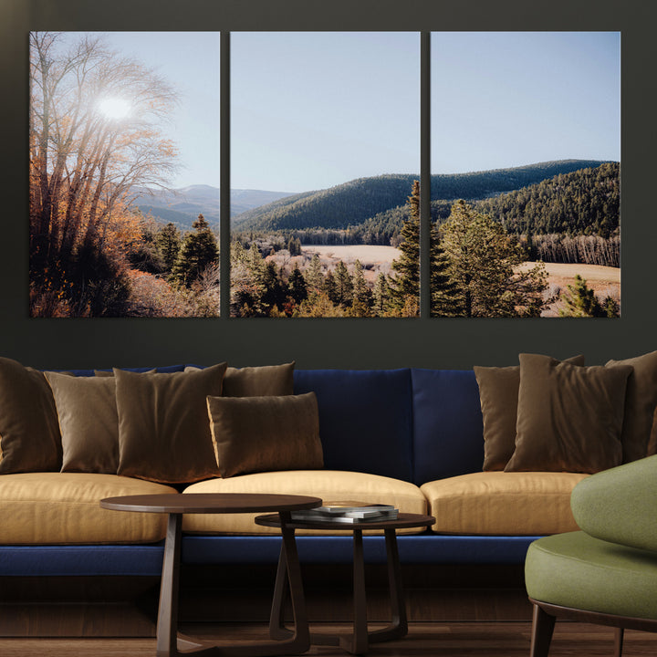 A scenic mountain valley with pine trees and autumn foliage under a clear sky, bathed in golden sunlight, creating a peaceful and rustic landscape.