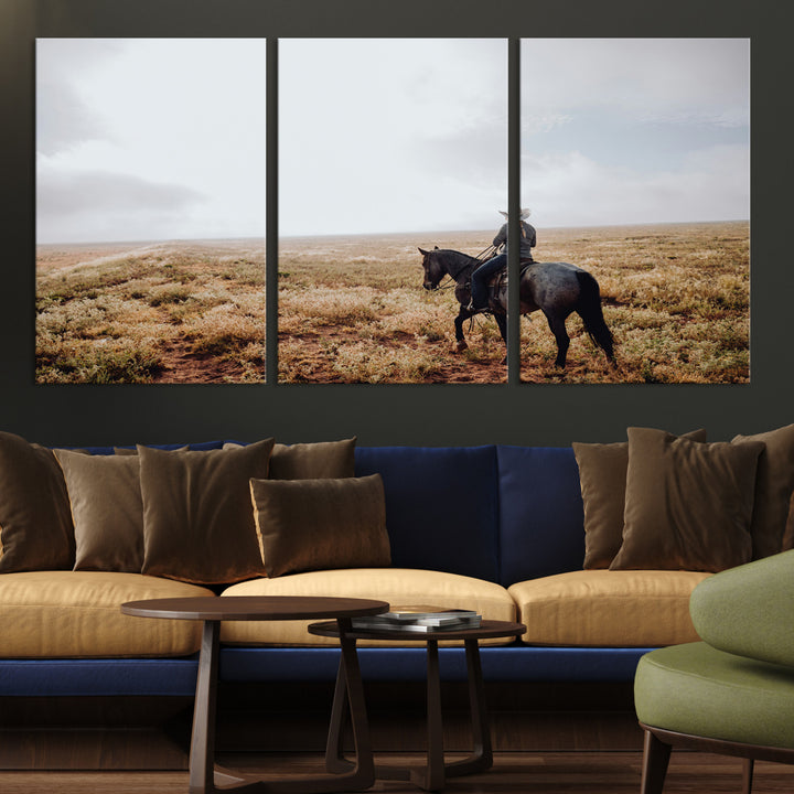 A lone cowboy riding horseback across an open prairie under a vast sky, capturing the rugged and timeless spirit of the Western frontier.