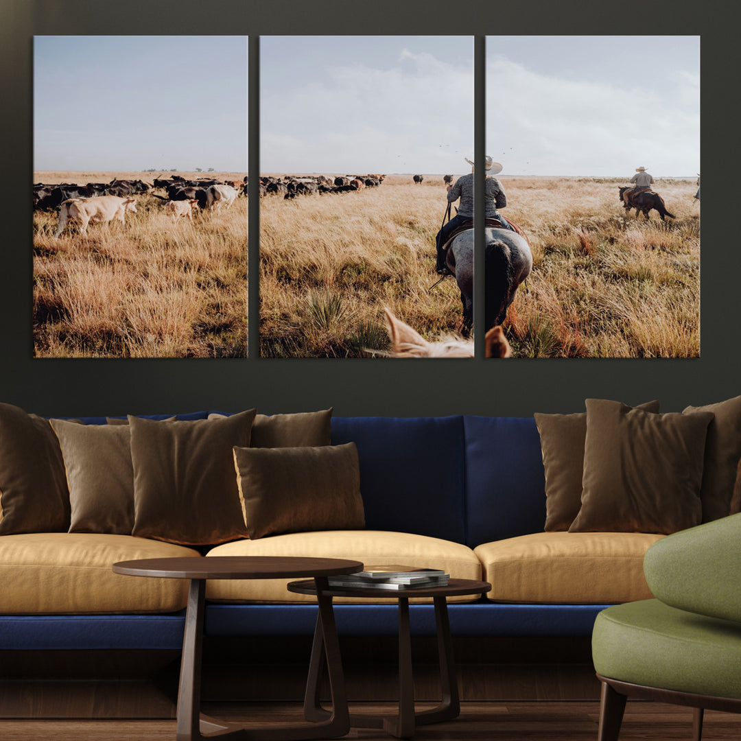 A cowboy and cowgirl on horseback herding cattle through golden grasslands, capturing a rustic and authentic Western ranch lifestyle.
