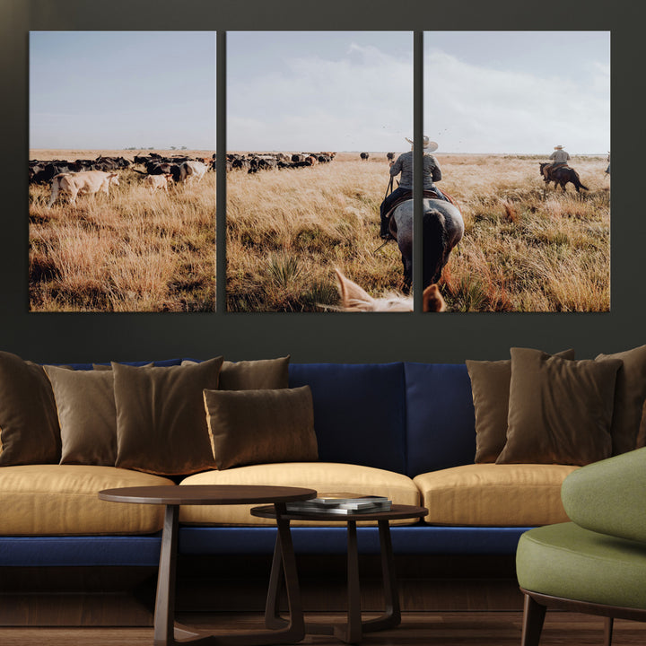 A cowboy and cowgirl on horseback herding cattle through golden grasslands, capturing a rustic and authentic Western ranch lifestyle.