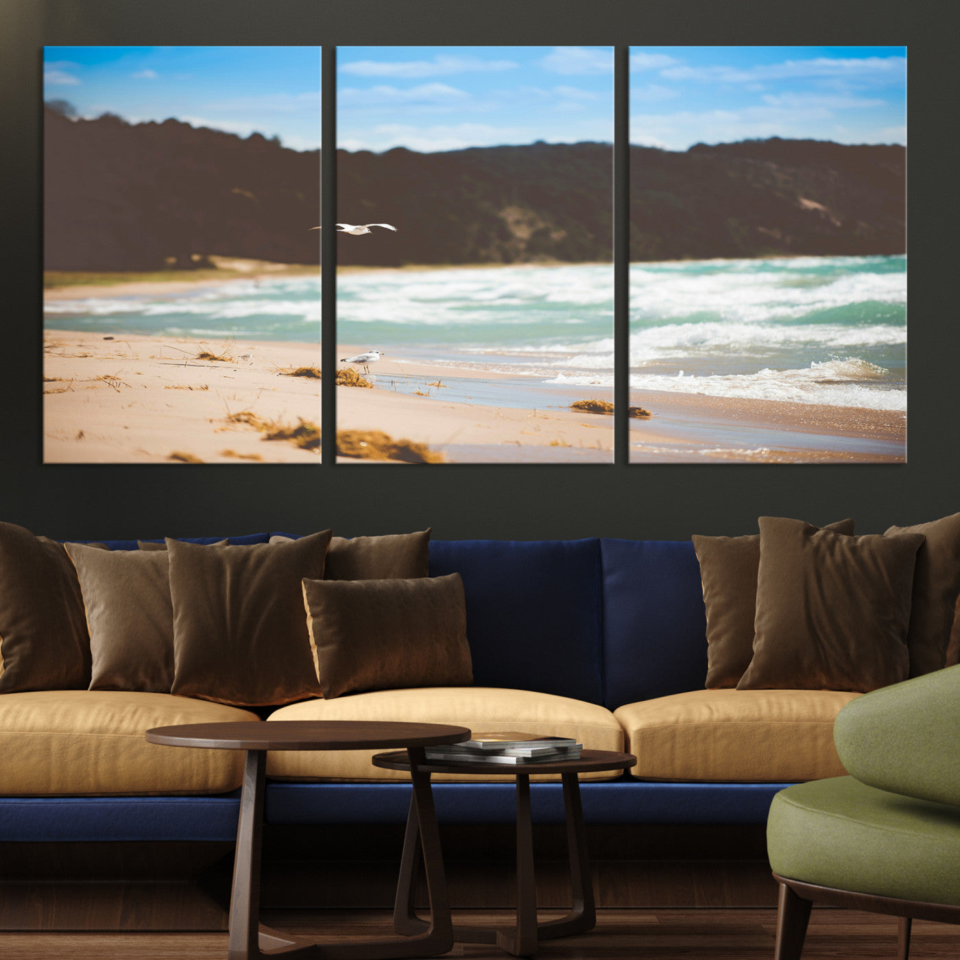 84260965-MGV-CV-36X24-Tranquil Beach Scene Wall Art Canvas Print, Framed Blue Ocean Waves Art Picture Print, Sandy Coastline Perfect Coastal Cottage Decor Artwork