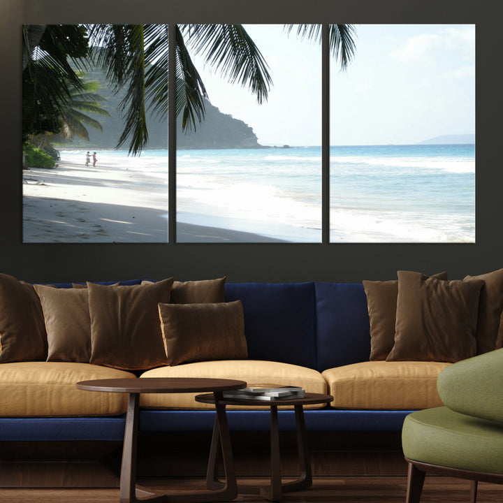 Tropical beach with palm tree shadows, white sand, and turquoise ocean waves, creating a serene and relaxing island escape atmosphere.
