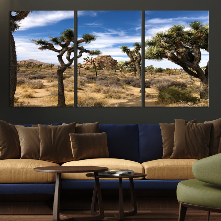 Scenic Joshua Tree landscape with rugged desert terrain, golden dry grass, and a deep blue sky, creating a warm, rustic Southwestern aesthetic.