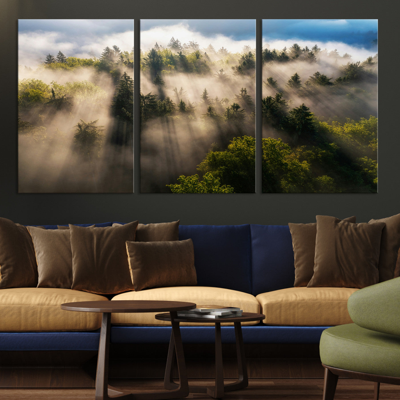 14785710-MGV-CV-36X24-Tranquil Forest Scene Wall Art Canvas Print, Framed Sunbeam Through Trees Art Picture Print, Moody Green Wall Art Perfect Scandinavian