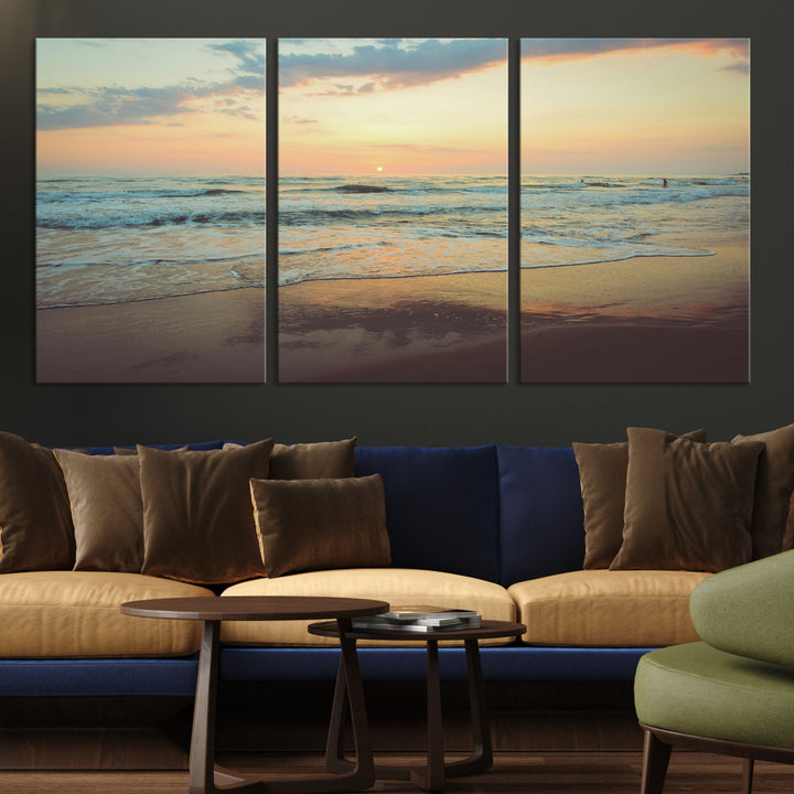 Warm sunset over gentle ocean waves with pastel sky and reflections on wet sand, creating a calm and soothing beach ambiance.