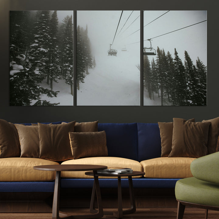 Ski Lift Wall Art Canvas Print, Framed Snowy Pines Art Picture Print, Misty Landscape Perfect Winter Serenity Decor Artwork