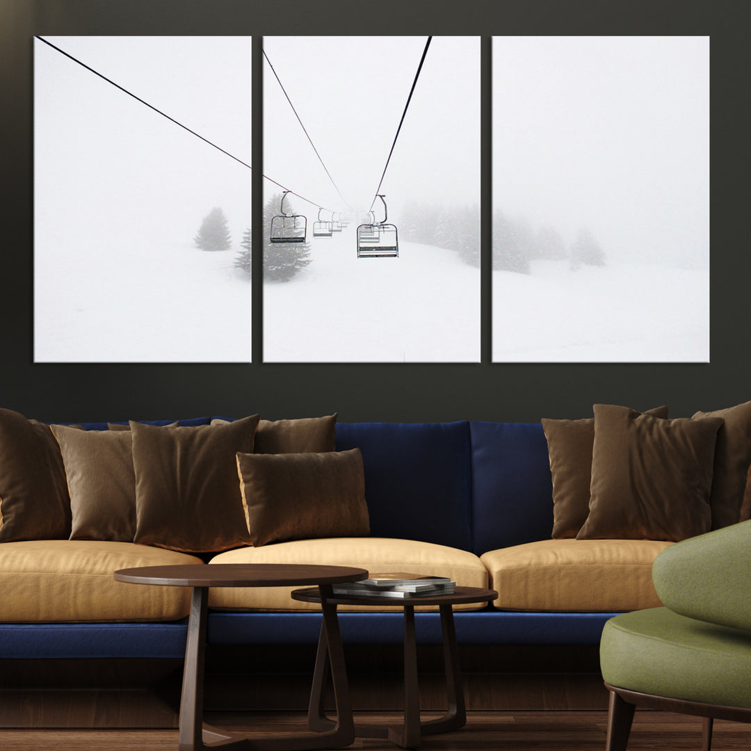 Ski Lift Print Wall Art Canvas, Framed Snowy Landscape Art Picture Print, Alpine Adventure Perfect Nordic Minimalist Decor Artwork