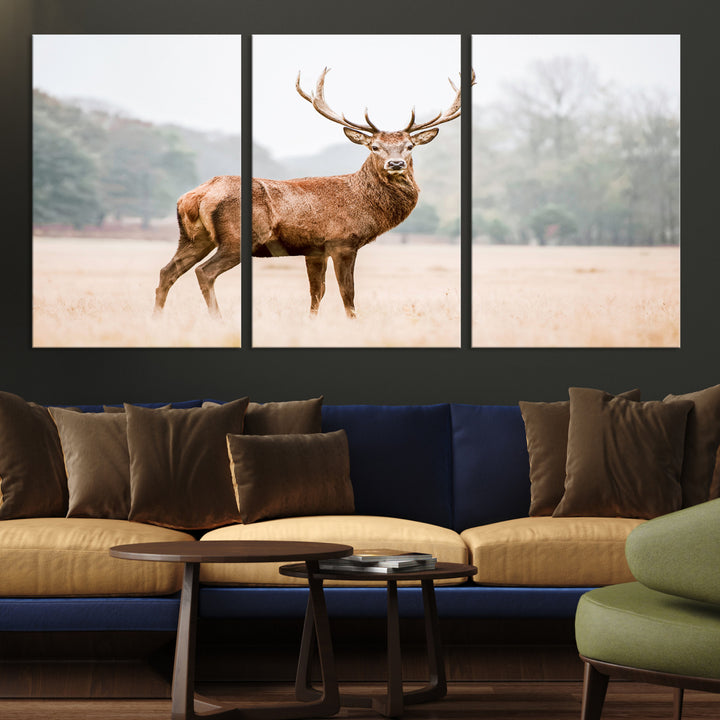 Vintage Wildlife Canvas Print, Framed Misty Landscape Art Picture Print, Deer Wall Art Perfect Rustic Wildlife Decor Artwork