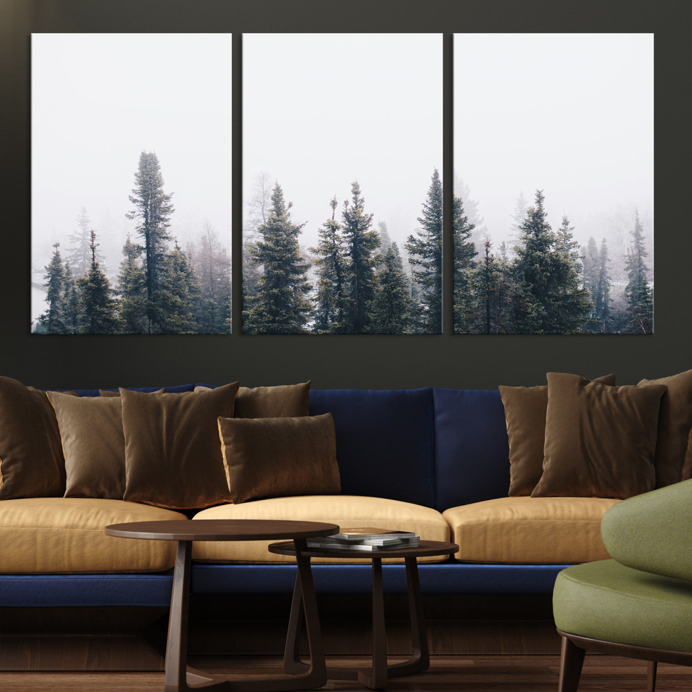 42364796-MGV-CV-36X24-Foggy Forest Wall Art Canvas Print, Framed Misty Pines Art Picture Print, Moody Woodland Perfect Scandinavian Minimalist Decor Artwork