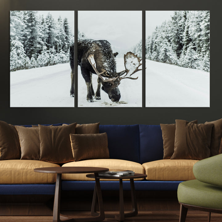Moose in Snow Wall Art Canvas Print, Framed Winter Wildlife Art Picture Print, Snowy Forest Scene Perfect Rustic Lodge Decor Artwork