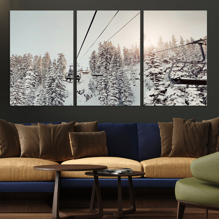 Frosty Pines Wall Art Canvas Print, Framed Cozy Cabin View Art Picture Print, Ski Lift Ride Perfect Rustic Lodge Decor Artwork