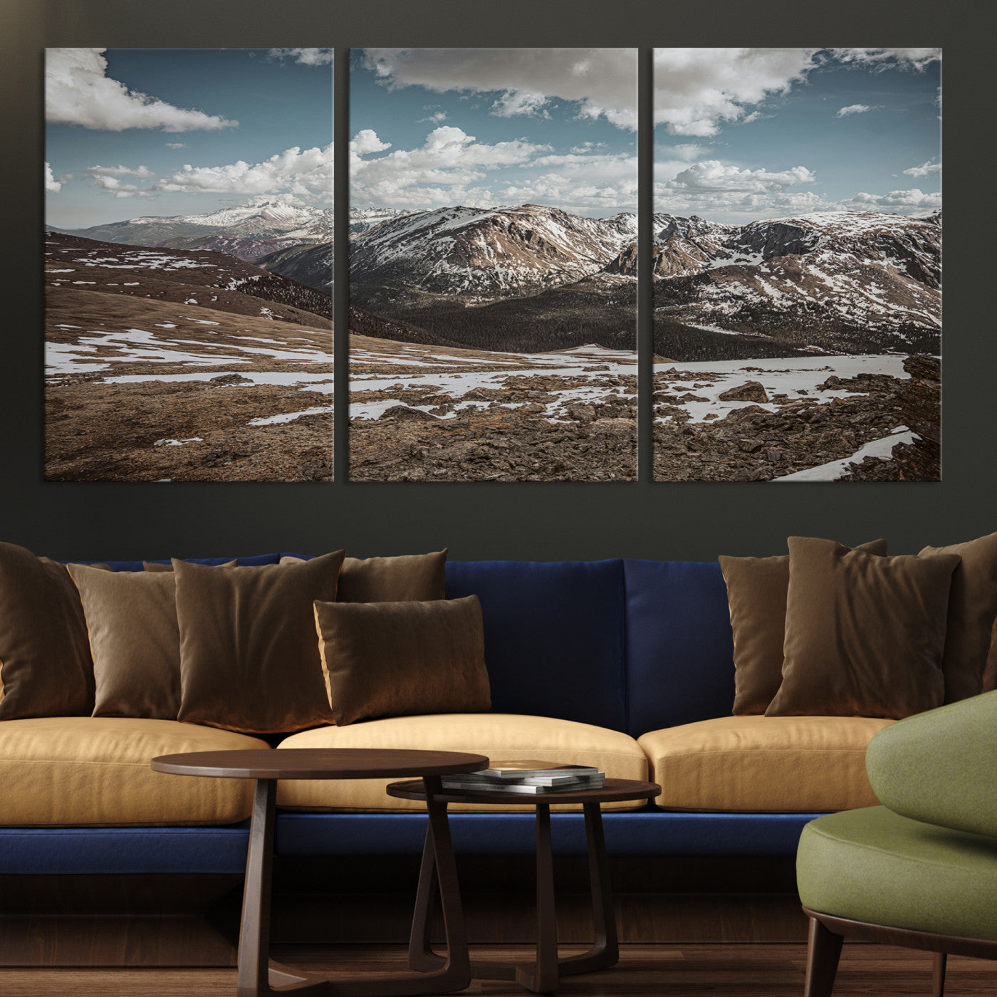 A breathtaking mountain landscape with rugged peaks, patches of snow, and dramatic clouds casting shadows over the vast alpine wilderness.