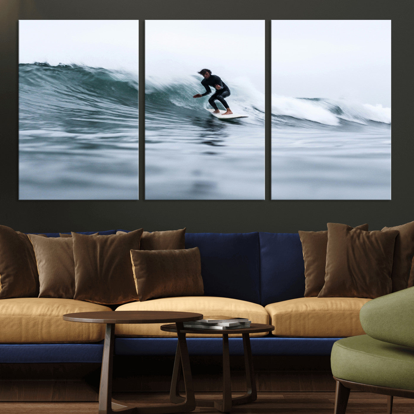 MGV-CV-60X30-3P - Surfer on Wave Wall Art Canvas Print, Framed Ocean Adventure Art Picture Print, Motion Blur Water Perfect Coastal Adventure Decor Artwork