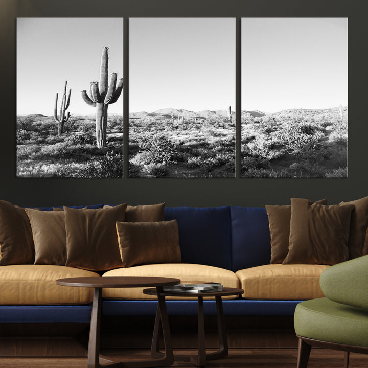 Saguaro Cactus Wall Art Canvas Print, Monochrome Landscape Print, Framed Scenic Arizona Art Print, Large Timeless Western Aesthetic Printing
