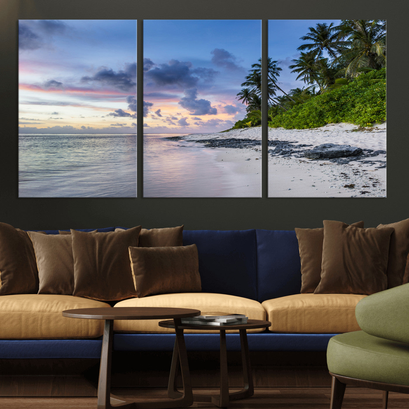 MGV-CV-60X30-3P - Tropical Beach Wall Art Canvas Print, Framed Sunset Glow Art Picture Print, Palm Tree Coast Perfect Tropical Coastal Decor Artwork