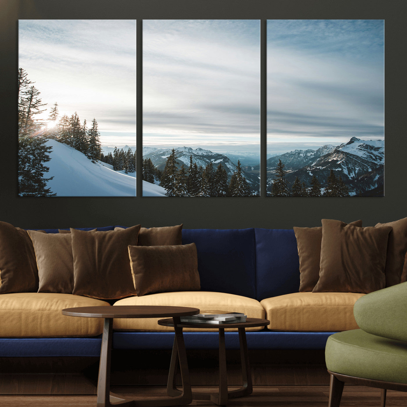 MGV-CV-60X30-3P - Snowy Mountains Wall Art Canvas Print, Framed Alpine Landscape Art Picture Print, Frosty Peaks Perfect Nordic Minimalist Decor Artwork