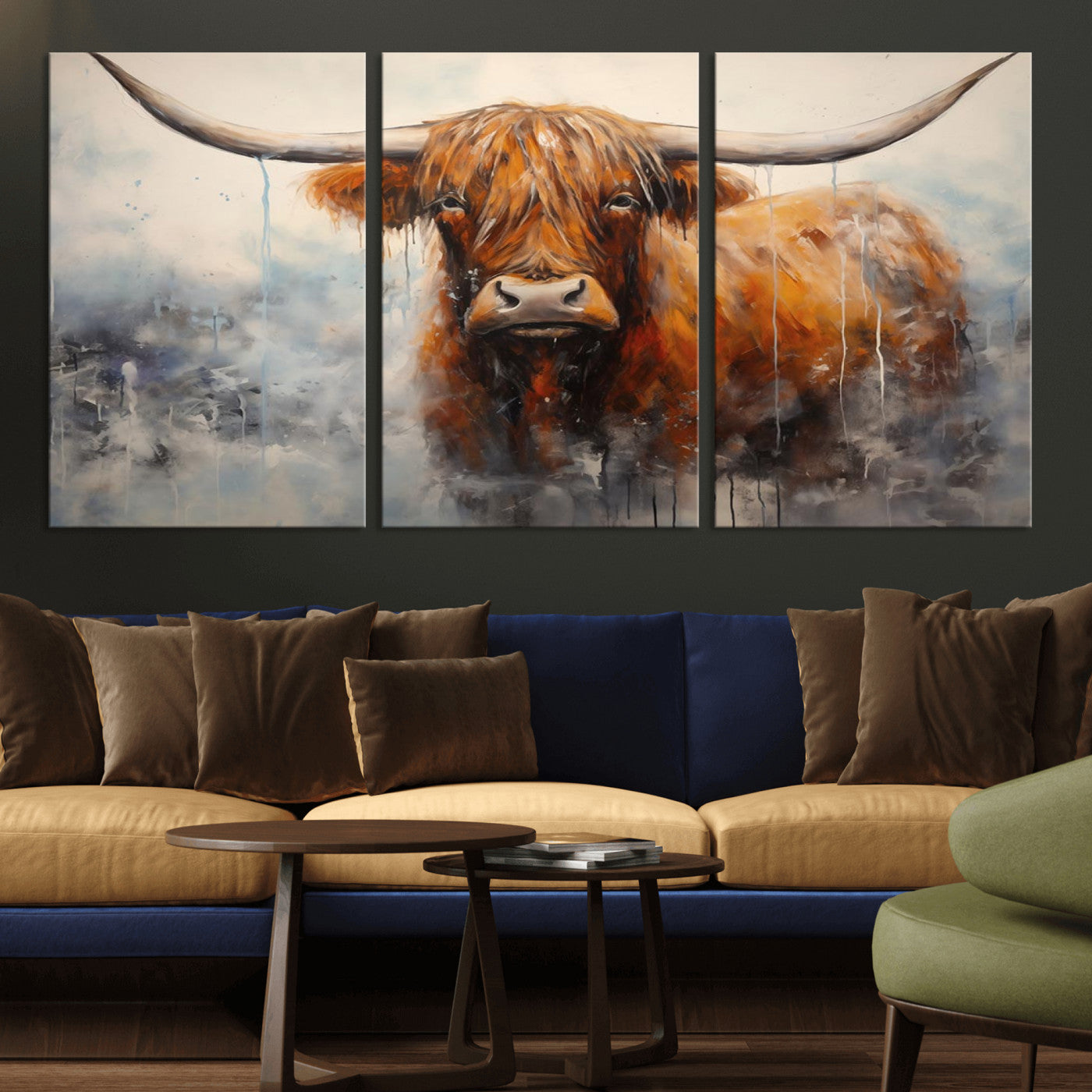 MGV-CV-60X30-3P - Scottish Highland Wall Art Canvas Print, Framed Longhorn Art Picture Print, Western Cow Perfect Farmhouse Decor Artwork