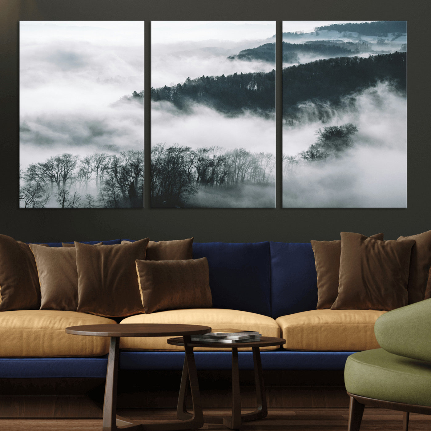 67569654-MGV-CV-36X24-Foggy Forest Landscape Wall Art Canvas Print – Misty Mountain Valley Scene in Monochrome Tones, Perfect for Minimalist or Nordic Home Decor