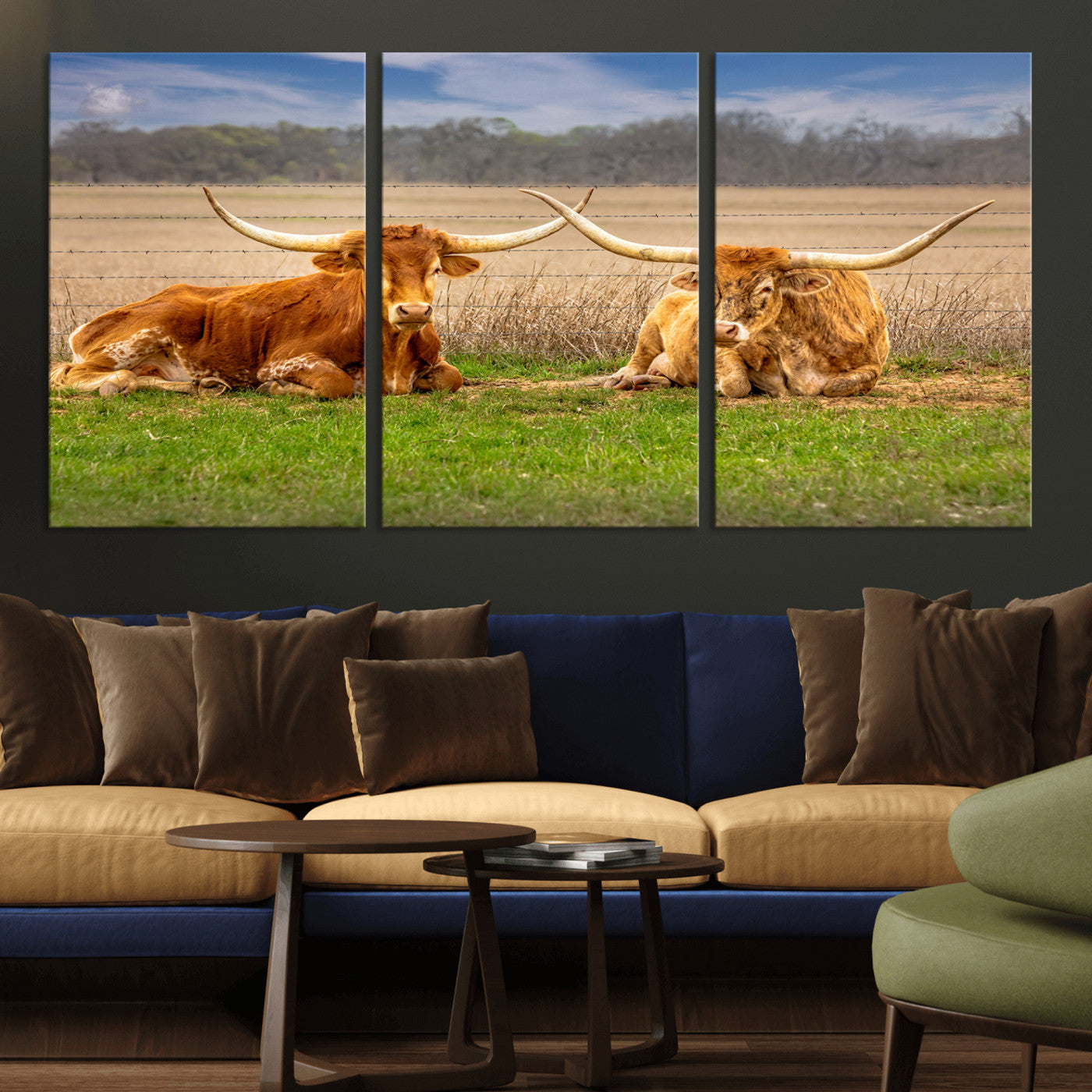 MGV-CV-60X30-3P - Texas Longhorn Pair Wall Art Canvas Print – Peaceful Rustic Ranch Scene with Two Cattle in Field,
