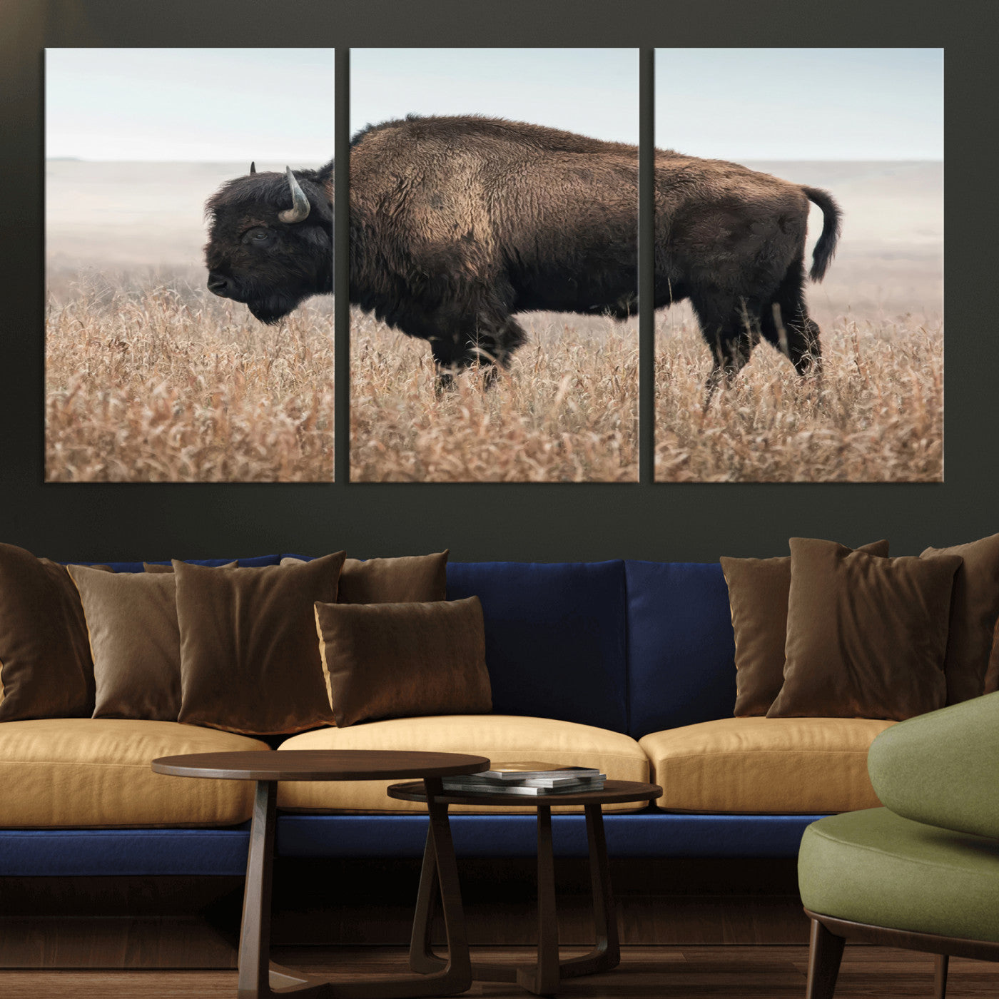 MGV-CV-60X30-3P - American Bison in Field  Wall Art Canvas Print – Powerful Winter Wildlife Scene with Buffalo in